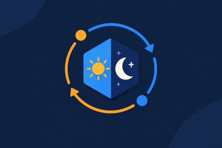 Flat illustration of a hexagonal token split between sun and moon halves inside a circular arrow cycle