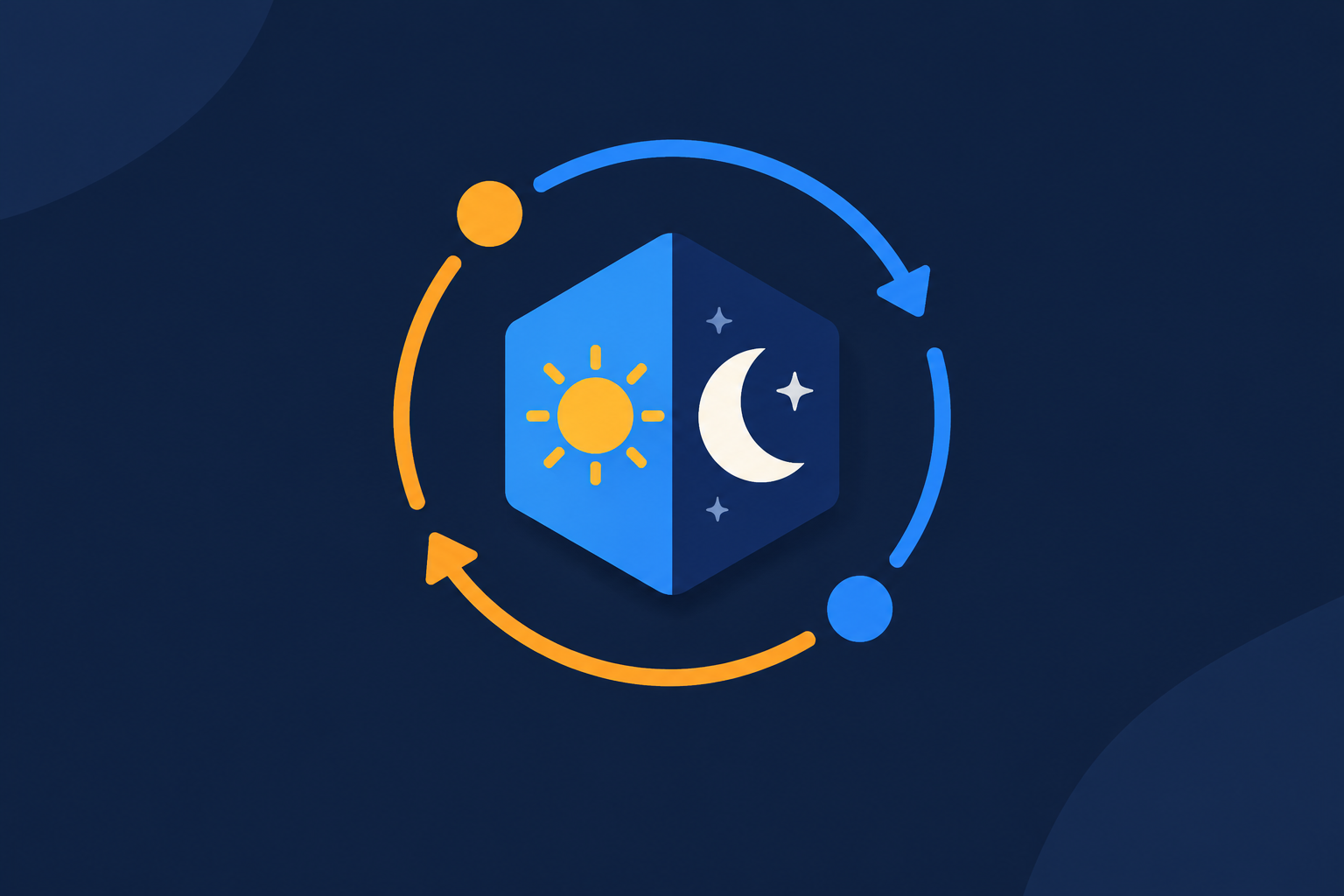 Flat illustration of a hexagonal token split between sun and moon halves inside a circular arrow cycle