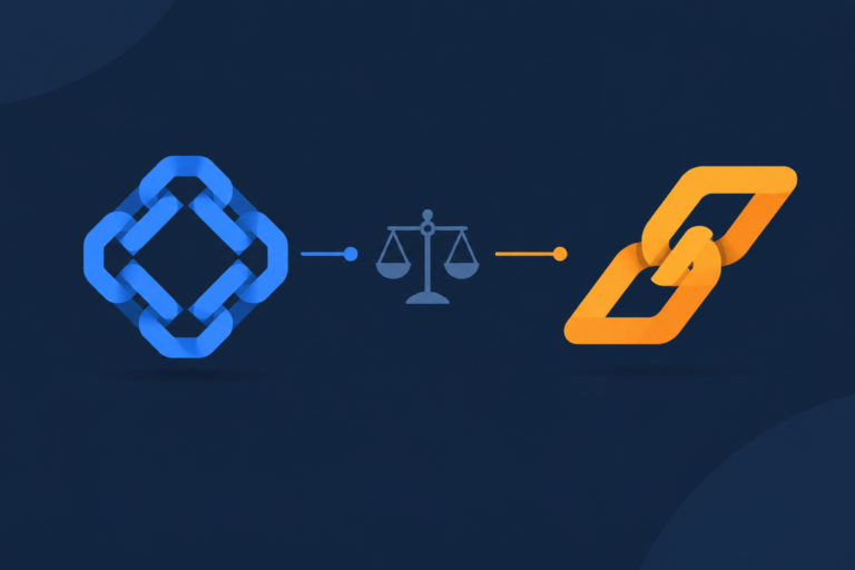 Flat illustration of two stylized chain emblems, blue on the left and orange on the right, separated by a balance scale