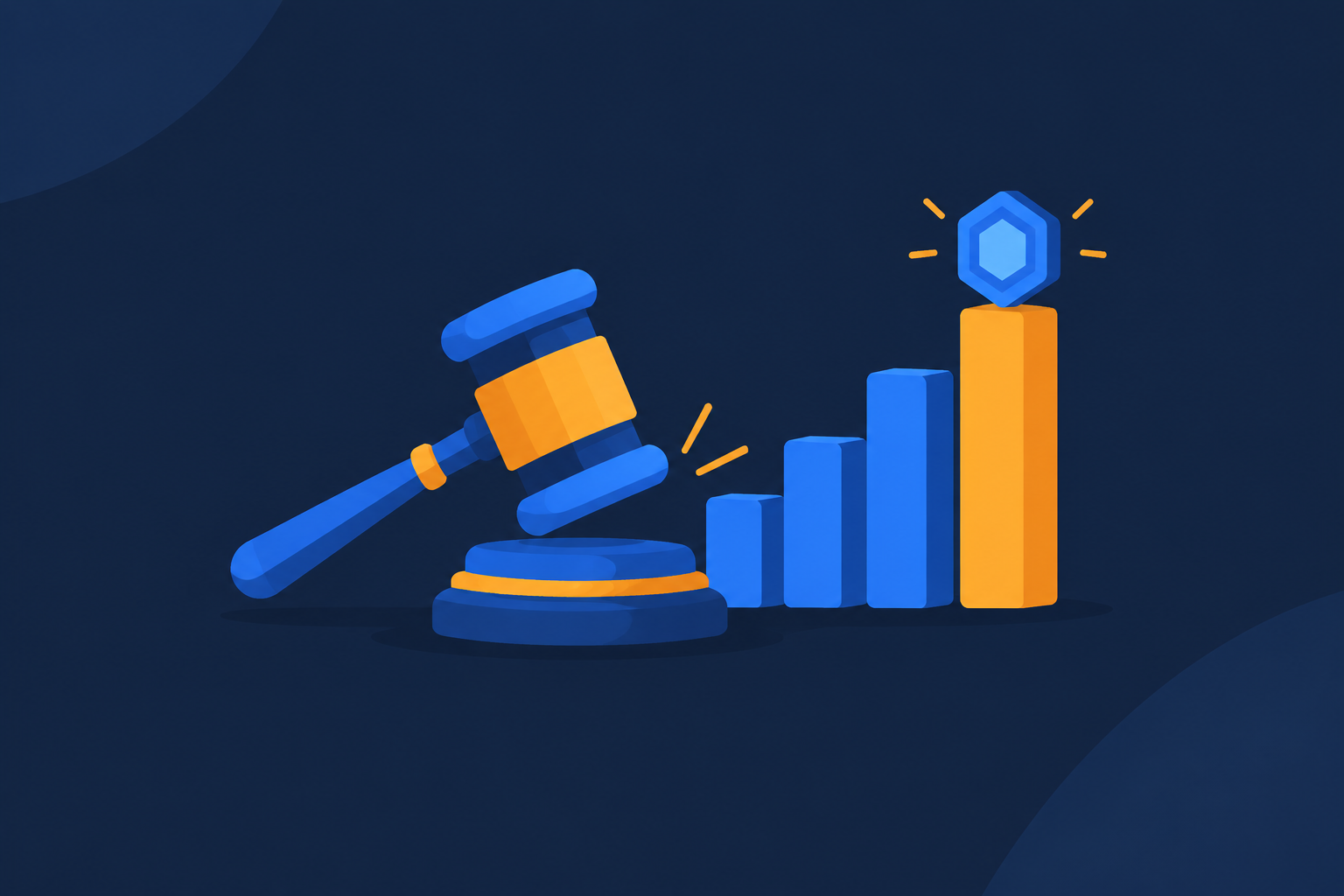 Flat illustration of an auction gavel beside rising bid bars topped by a hexagonal token
