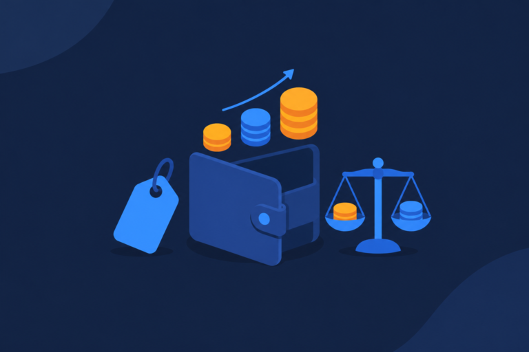 Flat illustration of an open wallet with rising coin stacks, a price tag and a balance scale
