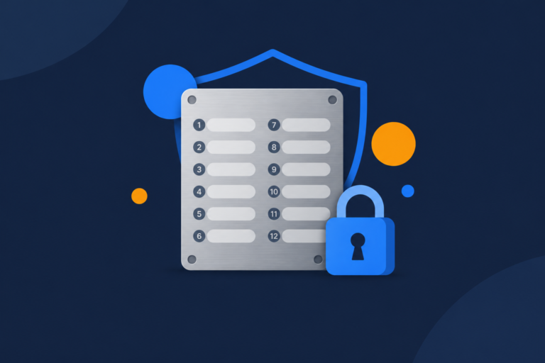 Flat illustration of a metal seed-phrase backup plate with twelve numbered word slots, a blue padlock and shield outline