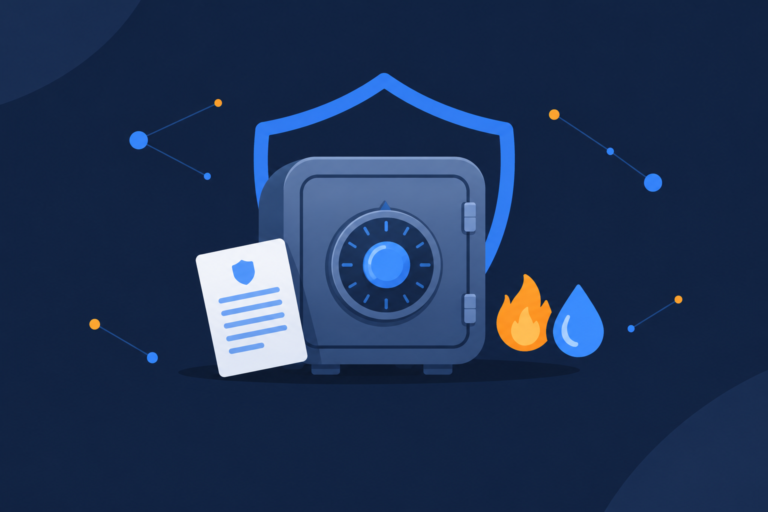 Flat illustration of a vault safe with a paper backup card, shield outline, and small flame and water-drop icons