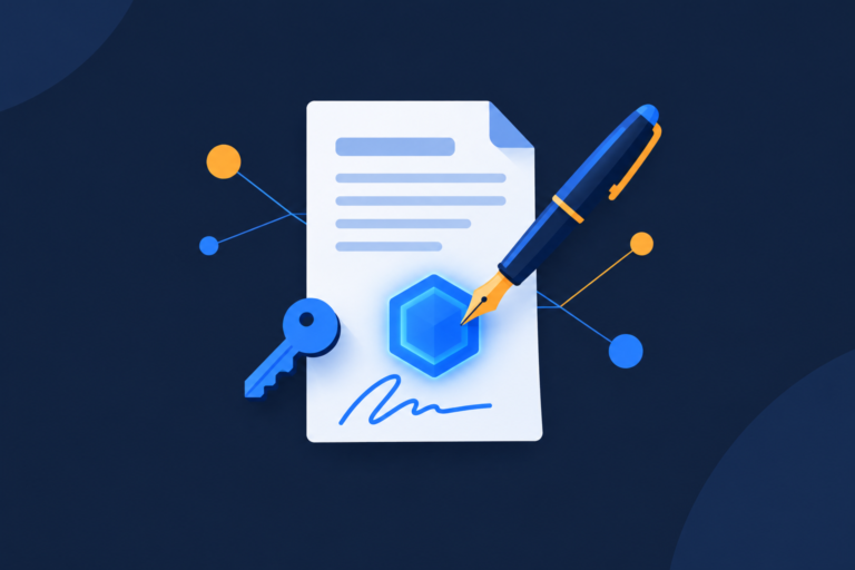 Flat illustration of a pen signing a glowing hexagonal token on a document, key and signature line