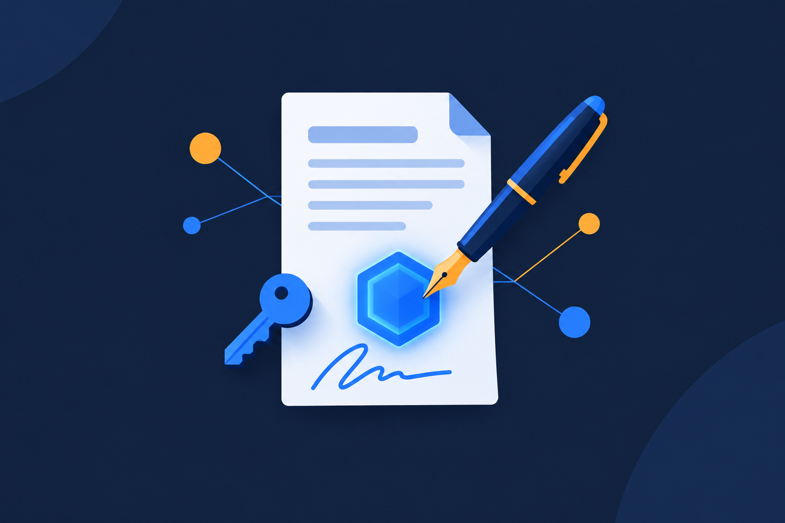Flat illustration of a pen signing a glowing hexagonal token on a document, key and signature line