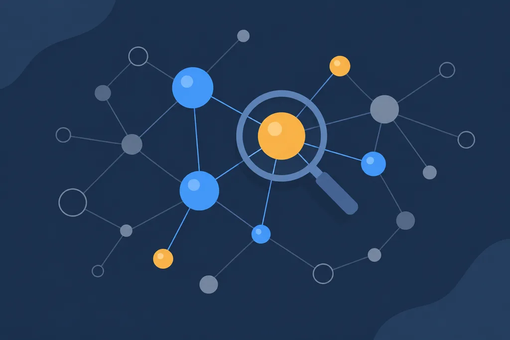 Flat illustration of a network graph — bright active nodes, greyed-out dormant ones, and a magnifying glass over the largest hub