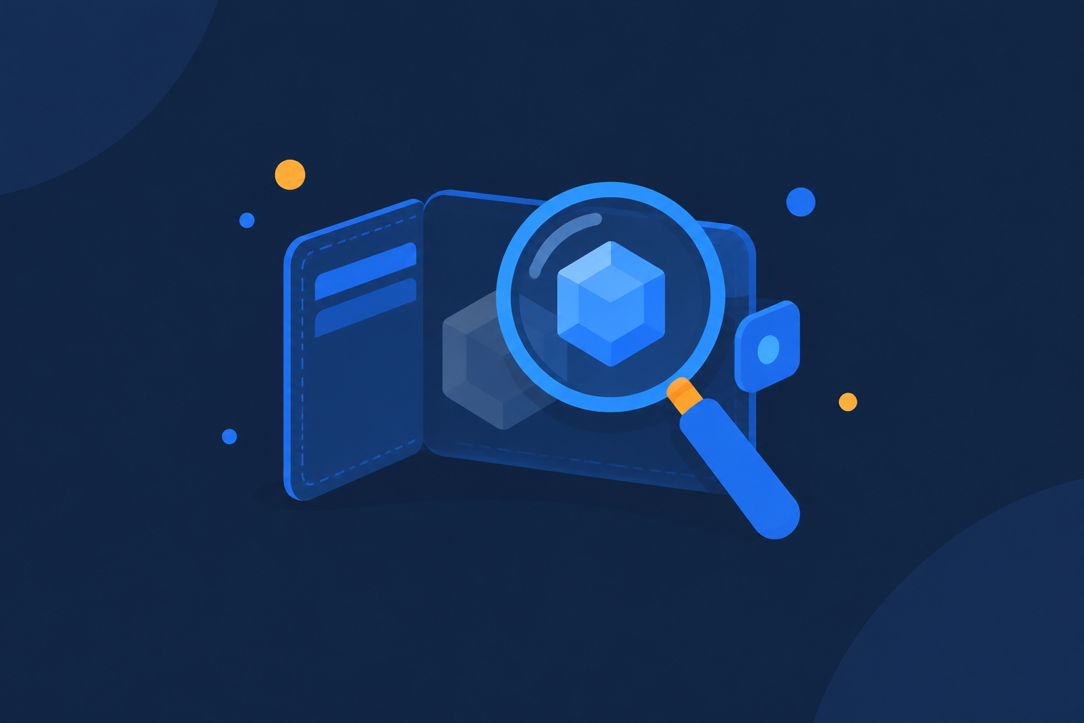 Flat illustration of a wallet with a ghosted hexagonal token revealed by a magnifying glass